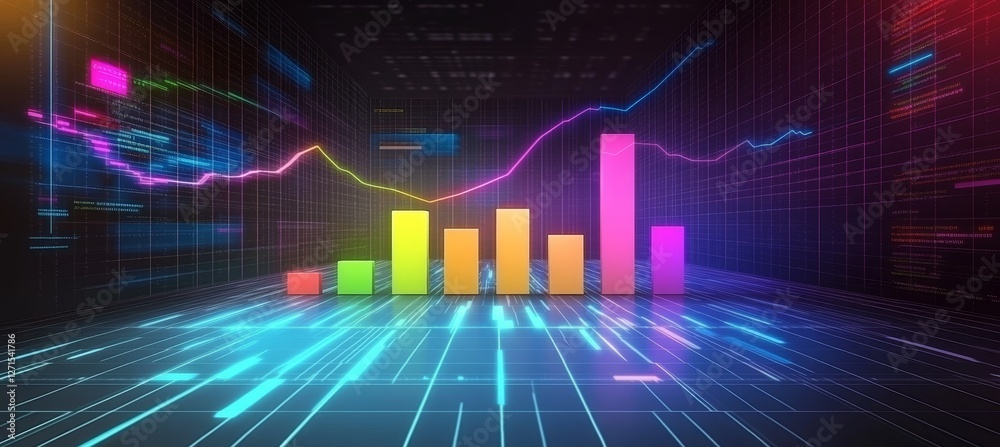 Poster vibrant gradient blue bar graph with overlaying line chart data visualization on a dark backdrop