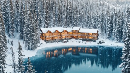 Luxurious lodge nestled in a snow-covered forest beside a frozen lake, reflecting warm lights at dusk.