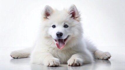 Fototapeta premium Adorable Samoyed Puppy Posing Sideways, White Background Stock Photo