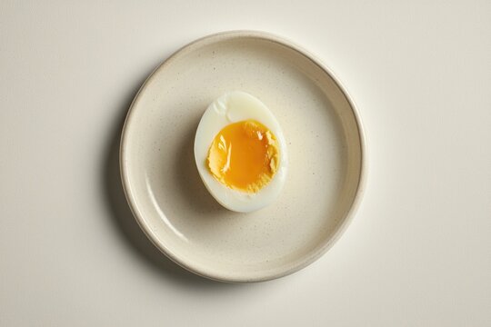 Half-boiled egg with soft yolk on speckled ceramic plate against neutral background