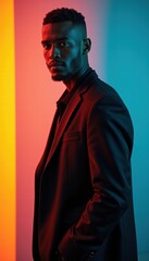 Obraz premium A stylish young man in a sleek black suit poses confidently against a vibrant, colorful background, perfect for fashion, business, and modern lifestyle themes.