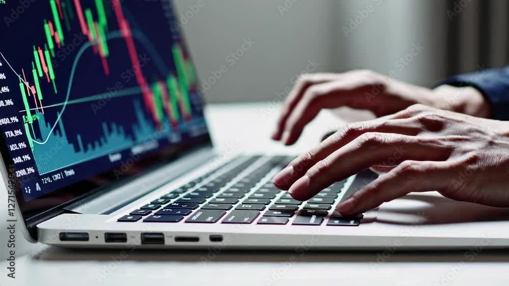 Poster Concentrated trader analyzing financial market data through rapid keyboard typing, displaying intense focus while working on investment strategies with slow motion precision