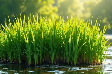 Obraz premium Lush Green Rice Seedlings Growing in Water