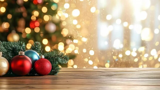 Christmas light countertop. Empty wood table top counter with abstract warm Xmas light blur background with festive golden bokeh. Holiday backdrop, mock up banner display. Advertise, montage product