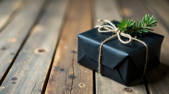 A dark, elegantly wrapped present with a sprig of greenery sits on a rustic wooden surface, suggesting a thoughtful and simple gift