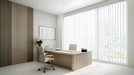 Modern Minimalist Office Interior with Wooden Desk and White Walls