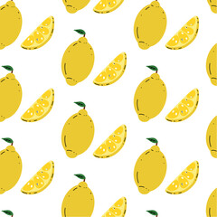 Seamless vector pattern with a lemon whole and a slice. For wallpaper design, textiles, postcards, posters, banners. For the kitchen