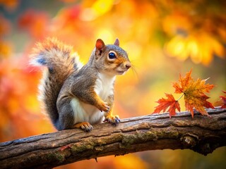 Obraz premium Adorable Squirrel Posing on Branch, Copy Space for Text, Autumnal Background