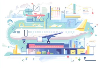 Obraz premium Airplane at airport with logistics and data flow.