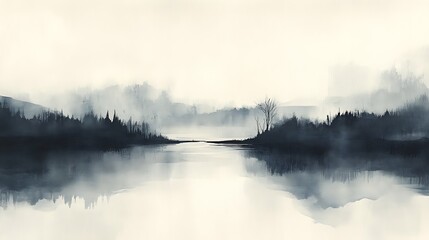 Fototapeta premium Tranquil Ink Wash Landscape with Soft Gradient Watercolor Shades