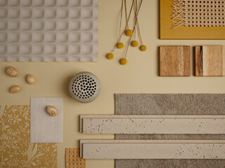 A beige and natural-toned material board, blending rattan, ceramics, and organic elements for a...
