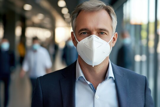 Successful executive in face mask standing in busy office corridor