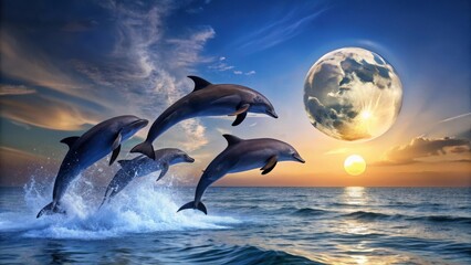 Oceanic Ballet Dolphins Leap in Harmony Under a Celestial Sphere at Sunset