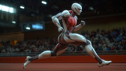 Fototapeta premium A futuristic humanoid robot is sprinting on a track, showcasing advanced anatomy in a dynamic athletic pose amid a cheering crowd.