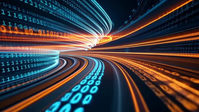 This captivating visual displays a dynamic flow of binary code alongside bright lights, illustrating the rapid and evolving nature of data transmission in technology.