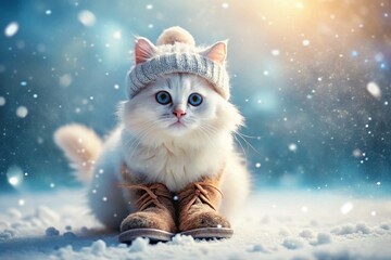 Adorable White Kitten in Winter Outfit Plays in Snow - Cute Pet Stock Photo