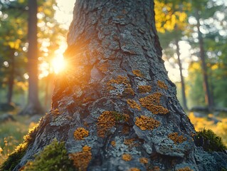 Obraz premium Close-Up of Tree Trunk with Moss in Golden Forest Light