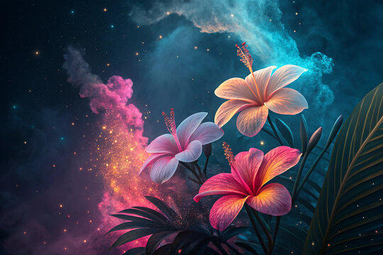 abstract background , tropical flowers in neon colors, mixed with smoke ,AI generated