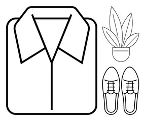 Clean line drawing of a neatly folded shirt, a pair of shoes, and a potted plant Ideal for fashion, business attire, organization, casual styling, minimalist design, work-life balance, abstract line