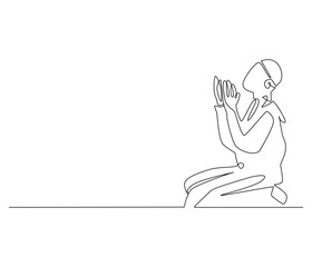 Continuous one line drawing of muslims prayer. Single line drawing illustration of Muslim person sitting and praying. Ramadan kareem concept vector art. Doodle line illustration.