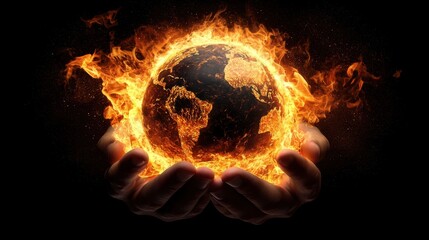 A fiery globe is held by hands against a dark background, symbolizing urgency and concern for the Earth's future.