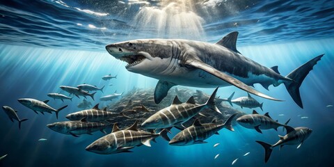 Fototapeta premium Majestic Great White Shark Majestically Surveying a School of Striped Fish in Sunlit Ocean Depths
