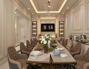 3D rendering luxurious classic dining room.