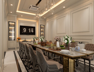 3D rendering luxurious classic dining room.