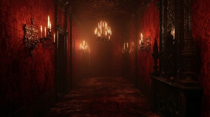 Fototapeta premium Spooky Gothic Corridor with Red Walls and Vintage Candle Lighting