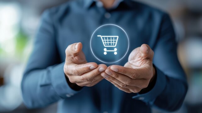 Hands holding digital shopping cart icon, representing e-commerce and online retail concept in modern business.