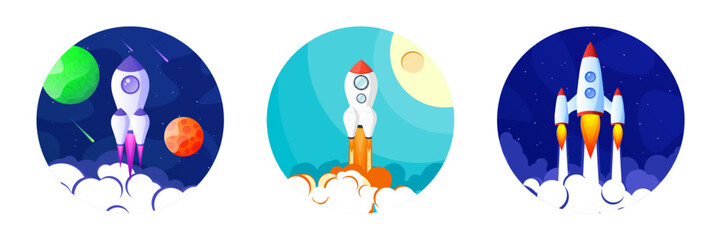 Space futuristic modern colorful background with rocket. Starship, spaceship in night sky. Solar system, galaxy and universe exploration. Vector illustration.