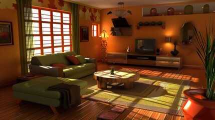 Warm Living Room Interior Design: Sunlight Streaming Through Large Windows, Illuminating a Cozy and Stylish Space.