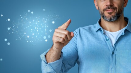 Man in a blue shirt interacts with a digital network interface, pointing at floating data icons on a blue background.
