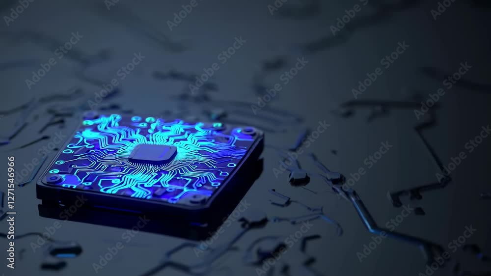 Poster exploring the intricate design of a microchip on a circuit board showcasing modern technology
