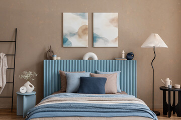 A composition of cozy and tactile bedroom details, emphasizing the harmonious balance of color,...