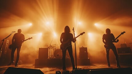 Silhouettes of people at a music festival, watching the live performance from the stage, illuminated by vibrant stage spotlights 