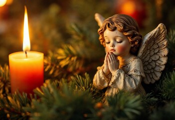 Obraz premium Elegant Angel Figurine in Prayer Surrounded by Candles and Evergreen Branches. Generative AI