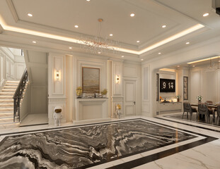3D rendering Interior design of a classic hall marble floor black and white, White Doors and Rest zone decorated with a ceiling and chenderliar.
