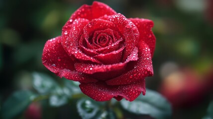 Vibrant red rose with dewdrops in focused view