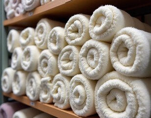 Soft, fluffy blankets are rolled and stacked neatly on store shelves, showcasing a variety of calming colors for those looking to add warmth and comfort to their home decor. Generative AI