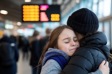 Two individuals share an emotional hug in an airport environment, reflecting the poignant moment of goodbye or reunion amidst the bustling crowd in the background.