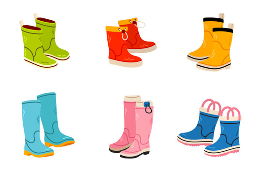 Various collection of Rubber boots isolated on white background. Vector flat illustration