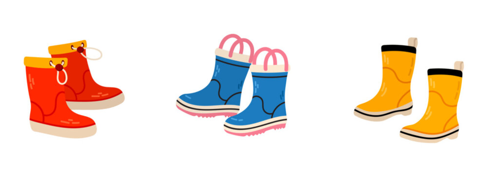 Rubber boots set isolated on white background. Vector flat illustration