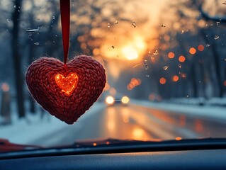 Heart Ornament in Car at Sunset with Winter Background