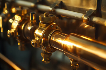 Detailed view of polished brass valves and pipes in an industrial setting during the day