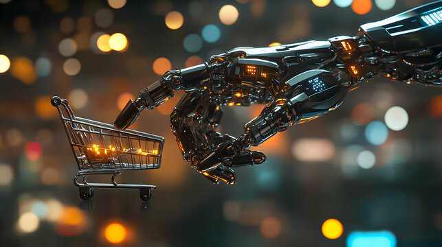 Robotic hand reaching for a shopping cart in a futuristic setting with glowing lights