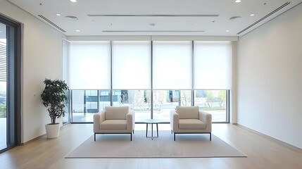 Fototapeta premium Modern Minimalist Office Waiting Room with White Chairs and Large Windows