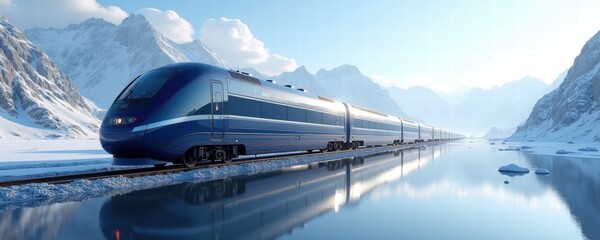 Fototapeta premium A sleek blue train glides through a snow-covered landscape, reflecting beautifully in a serene lake, showcasing modern transportation amidst stunning nature.