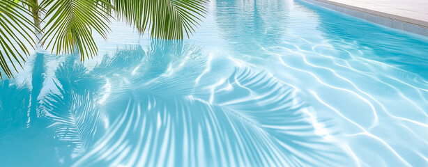 Top view of a stunning interplay of light and water in a tropical setting. The crystal-clear turquoise water ripple patterns, palm frond shadows across ,swimming pool.