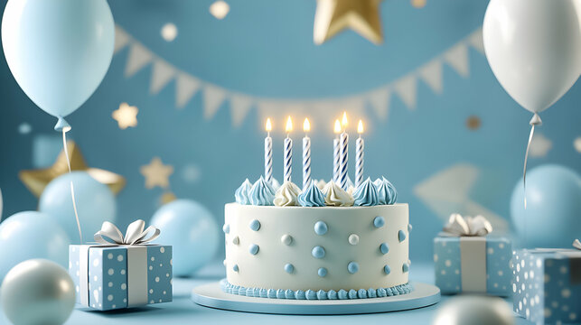 Celebratory birthday cake with candles and decorations in a blue themed setting for a special occasion
